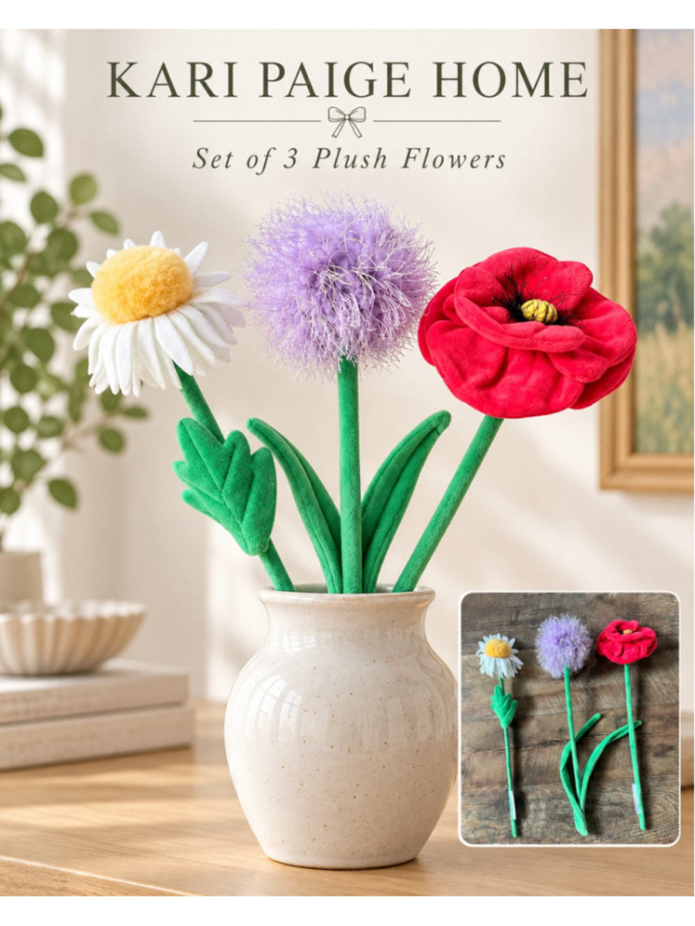 CJ Hendry Flower Market NYC Pop-Up Plush Flowers Set of 3 Collectible Art Decor